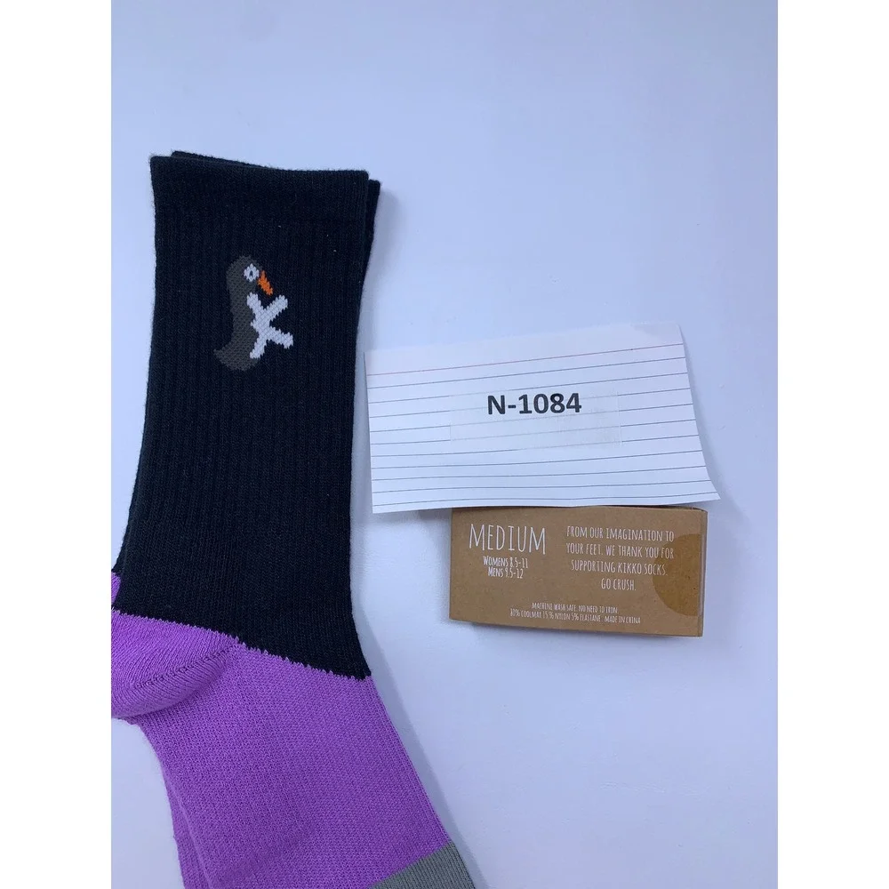 Kikko Socks Unisex Medium Black Purple Penguin Athlete Crew Socks NWT
